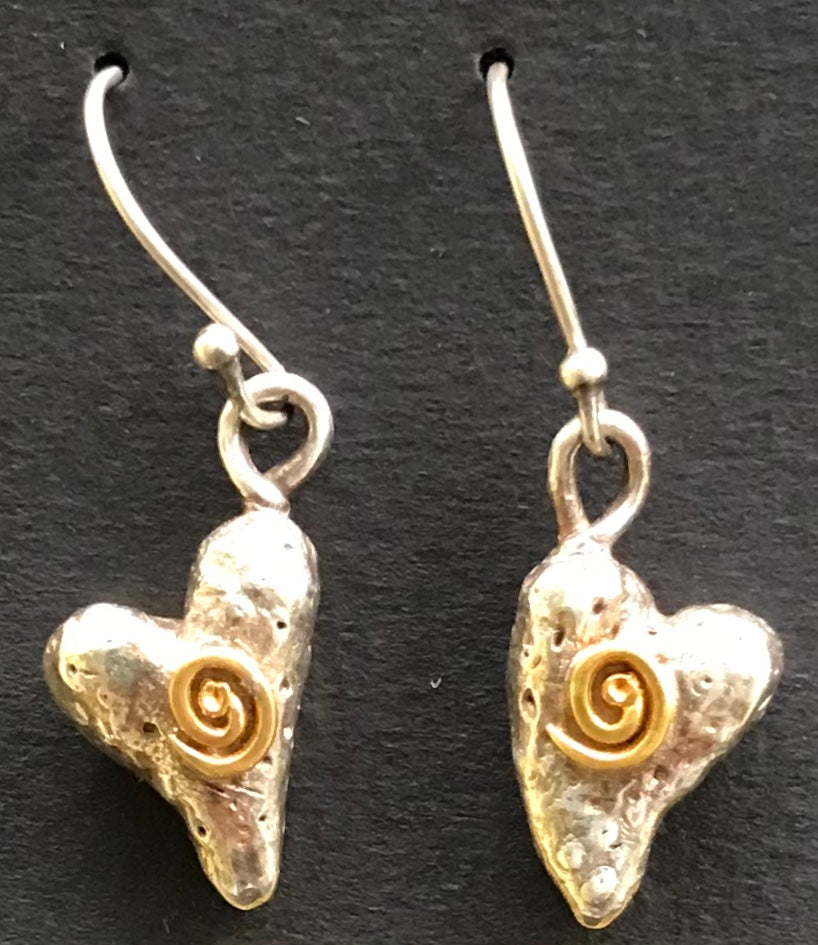 Puffy Fine Silver Heart Earrings 24K Gold, H-2