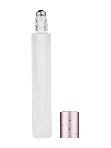 Tall Frosted Cylinder Aromatherapy Glass Bottle with Metal Roller with Sparkly Pink Cap Ball-9ml