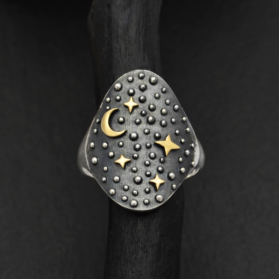Silver Night Sky Ring with Bronze Moon and Stars by Nina Designs