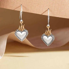 Load image into Gallery viewer, Mixed Metal Heart with Bronze Flame Dangle Earrings 32x12mm

