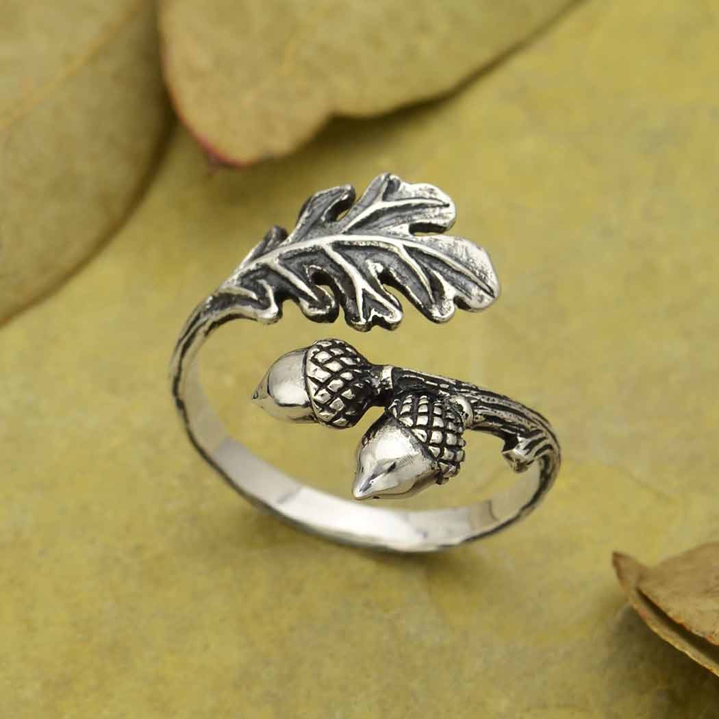 Sterling Silver Adjustable Oak and Acorn Ring by Nina Designs
