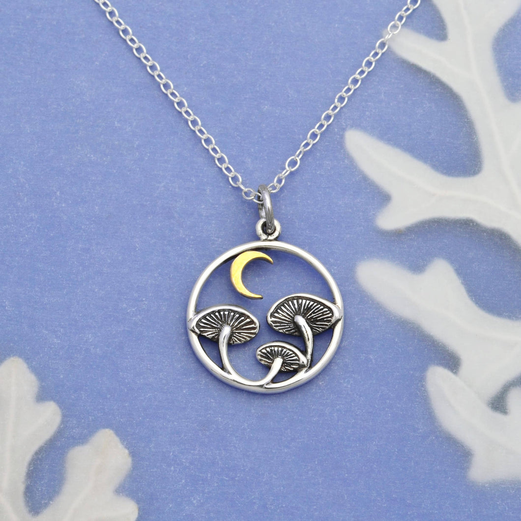 Sterling Silver 18 Inch Mushroom Necklace with Bronze Moon by Nina Designs