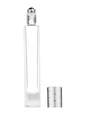 Tall Clear Cylinder Glass Aromatherapy Bottle with Metal Roller with Sparkly Silver Cap Ball-9ml