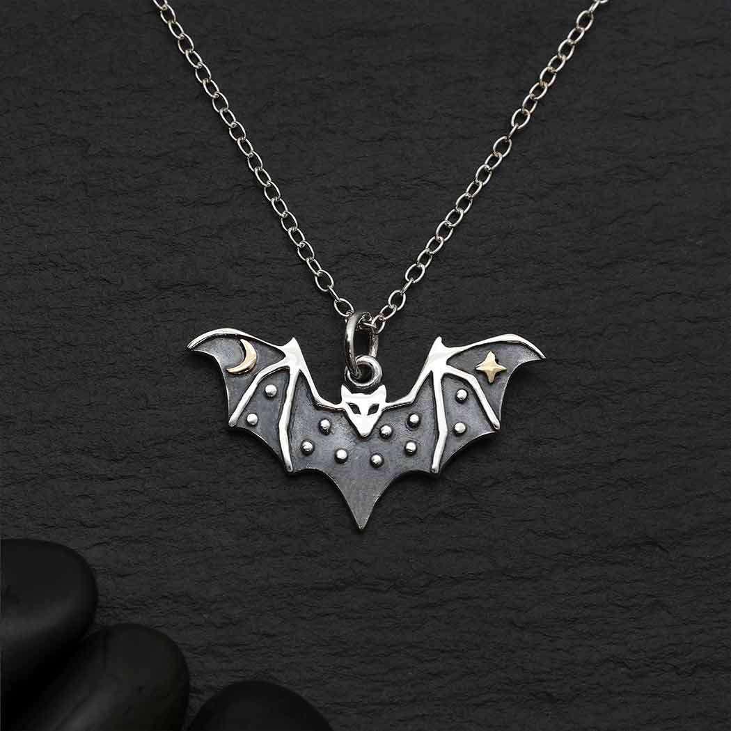 Sterling Silver Bat Necklace with Bronze 18 Inch by Nina Designs