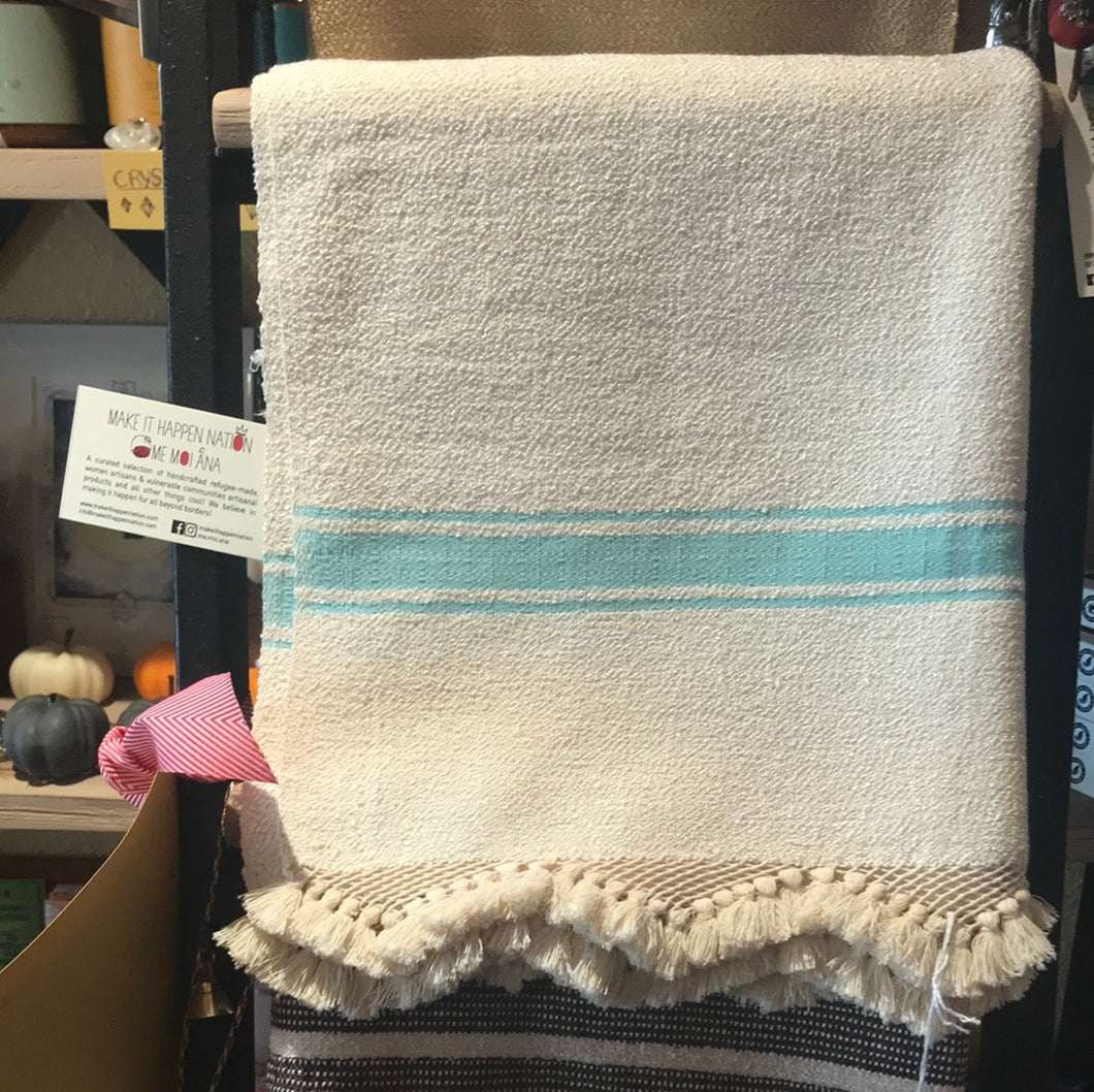 Hand-woven Cream Throw with Blue Stripe